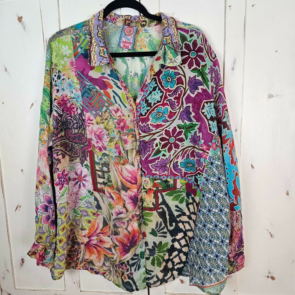 Johnny Was Patchwork Floral Button Down Blouse Bo… - image 1